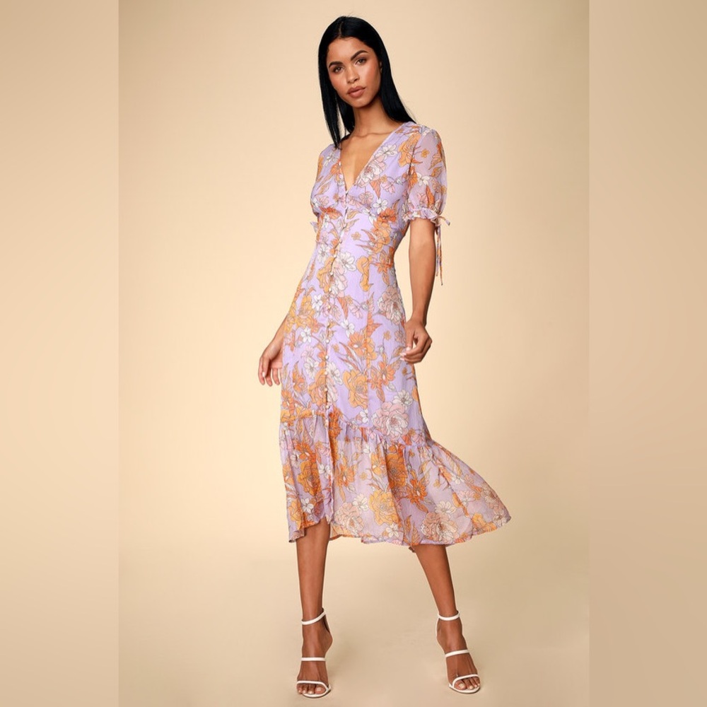 ASTR chandler lilac floral print short sleeve midi dress preowned